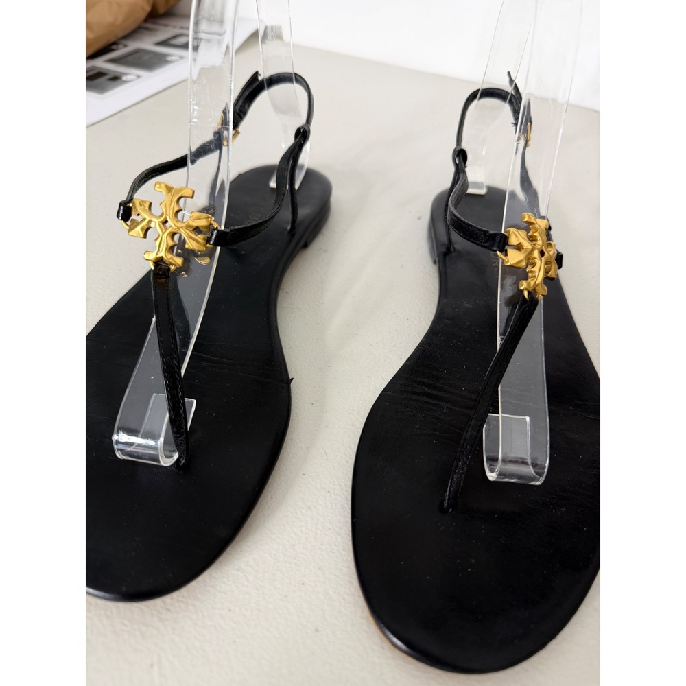 Tory Burch Capri Thong Sandals Black Leather Gold Double T Logo 9M 96555 - Picture 2 of 5